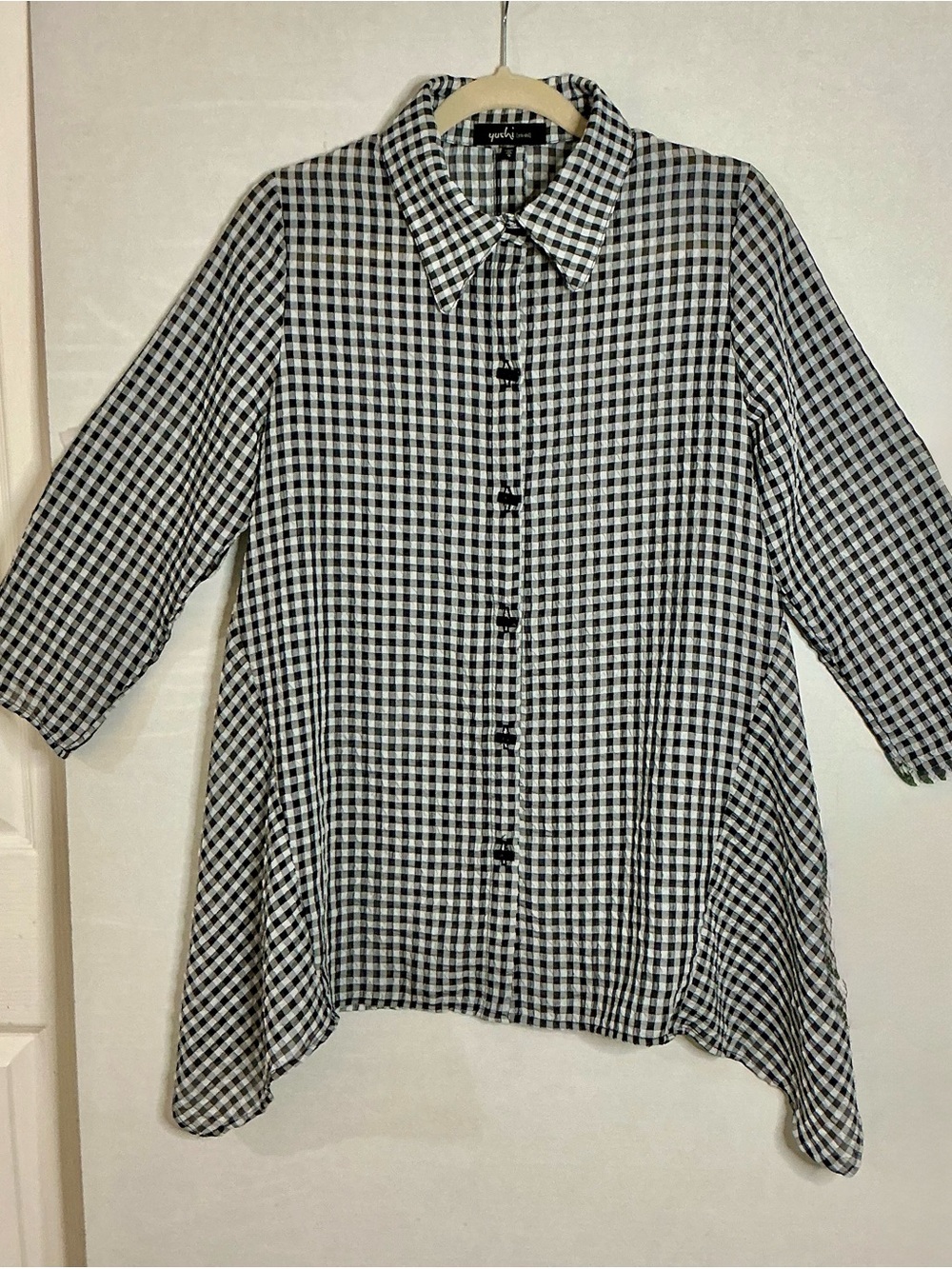 Yushi Gingham Asymmetric Tunic Shirt Button Back Lagenlook